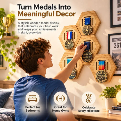 Honeycomb Wooden Medal Display Holder, Modular Hexagon Medal Rack, No Drill Medal Hanger for Marathon Running Sports Awards, Athlete Gift