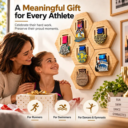 Honeycomb Wooden Medal Display Holder, Modular Hexagon Medal Rack, No Drill Medal Hanger for Marathon Running Sports Awards, Athlete Gift
