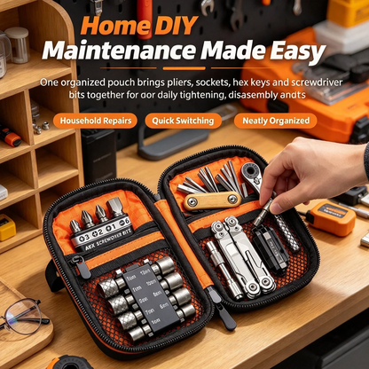 🔥Portable EDC Repair Tool Kit, Multi-functional Hand Tool Set with Socket Wrench, Screwdriver Bits, Hex Keys & Multitool, Compact Zipper Storage Pouch