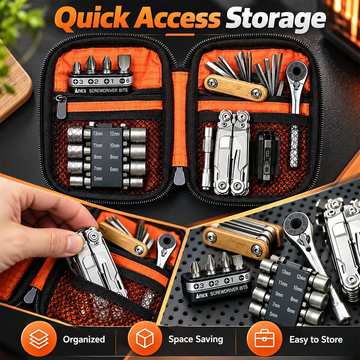 🔥Portable EDC Repair Tool Kit, Multi-functional Hand Tool Set with Socket Wrench, Screwdriver Bits, Hex Keys & Multitool, Compact Zipper Storage Pouch