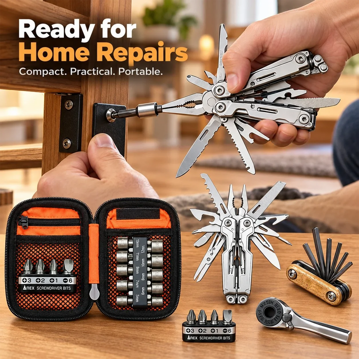 🔥Portable EDC Repair Tool Kit, Multi-functional Hand Tool Set with Socket Wrench, Screwdriver Bits, Hex Keys & Multitool, Compact Zipper Storage Pouch