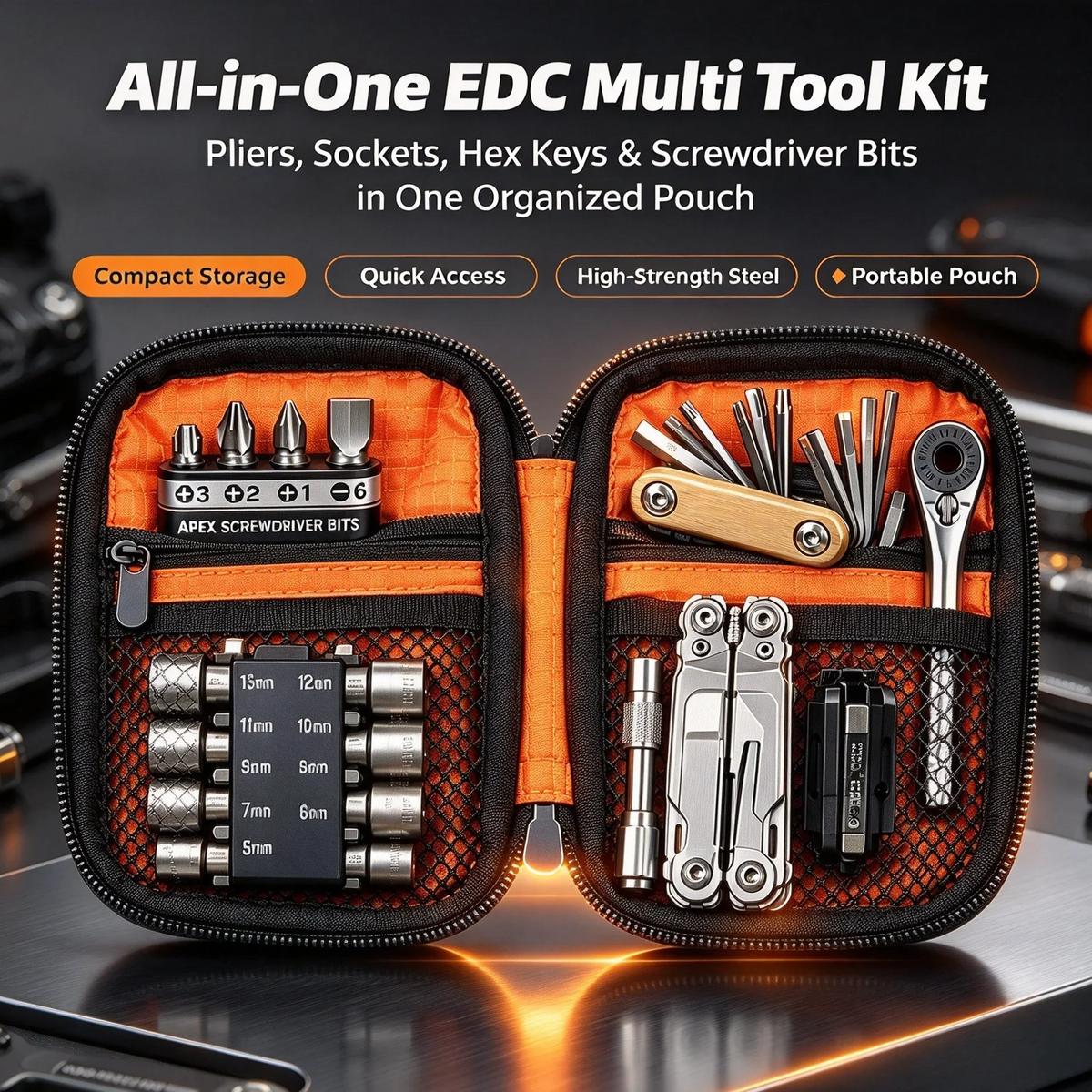 🔥Portable EDC Repair Tool Kit, Multi-functional Hand Tool Set with Socket Wrench, Screwdriver Bits, Hex Keys & Multitool, Compact Zipper Storage Pouch