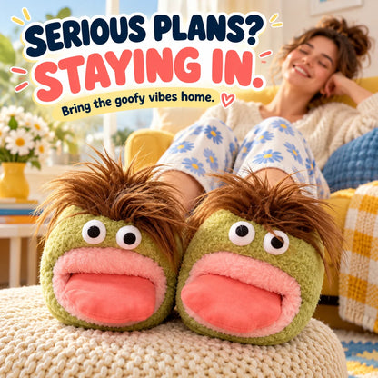 🤪 Funny Face Plush Slippers – Wild Hair, Googly Eyes & Cozy Indoor Fun 🎁
