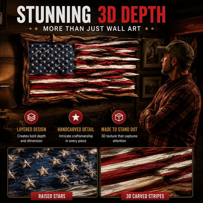 🇺🇸 Handcrafted 3D Wooden American Flag Wall Art | Rustic Patriotic Home Decor