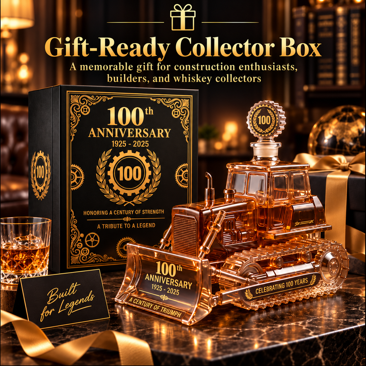 CAT 100th Anniversary Bulldozer Crystal Whiskey Decanter