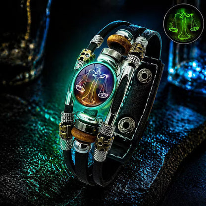🌙♑ Glow-in-the-Dark Zodiac Sign Leather Bracelet – Unisex Constellation Jewelry, 6.9/8.1 in ✨