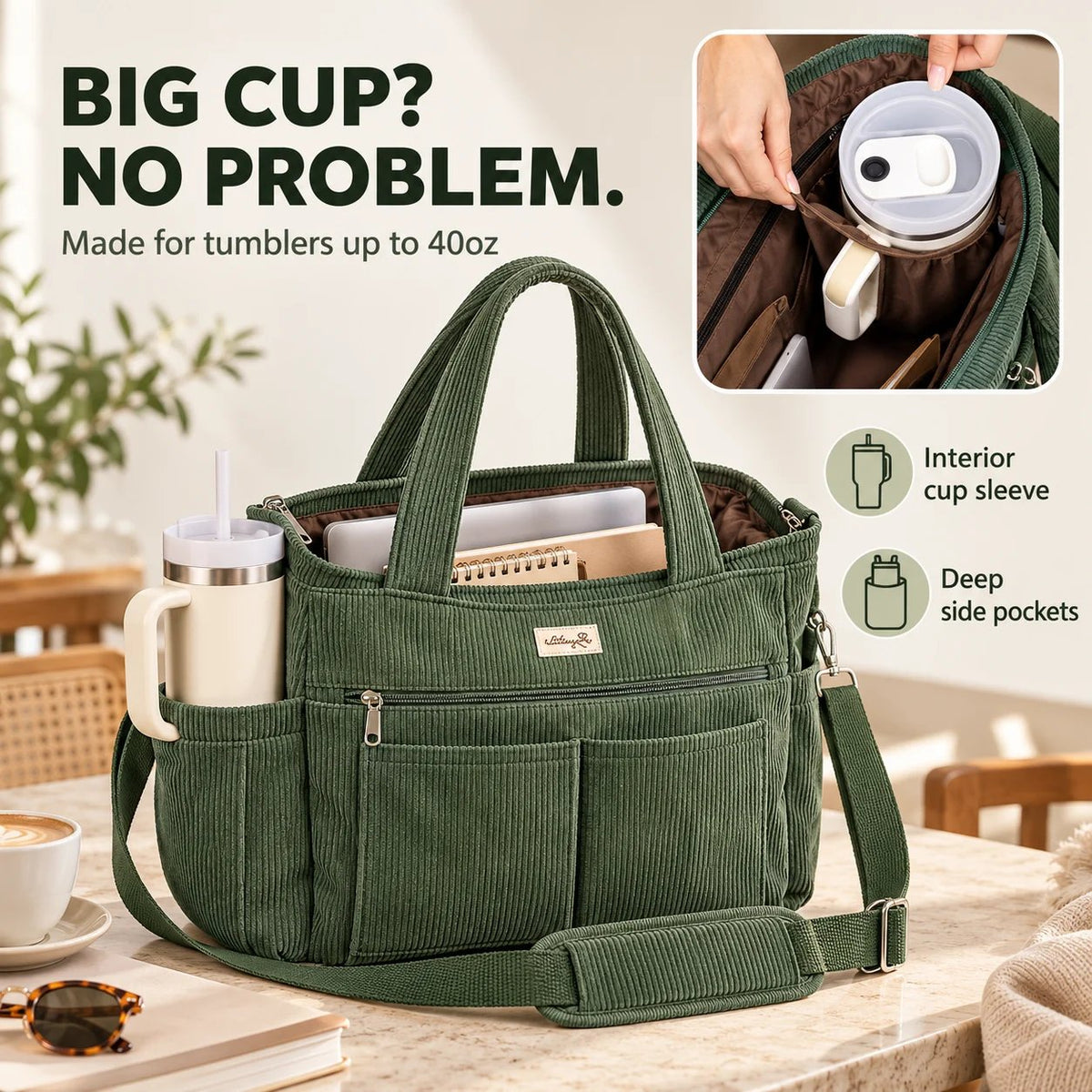 🎒✨Large Corduroy Tote Bag for Women – Multi-Pocket Laptop & Work Bag