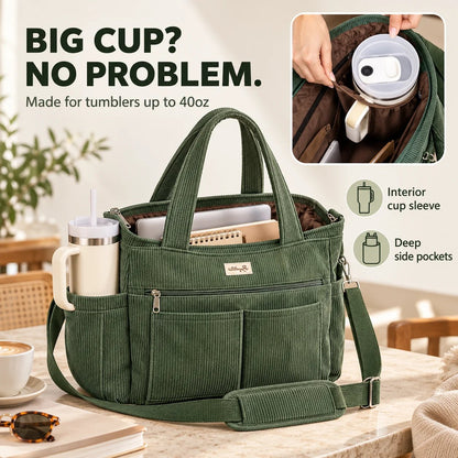 🎒✨Large Corduroy Tote Bag for Women – Multi-Pocket Laptop & Work Bag
