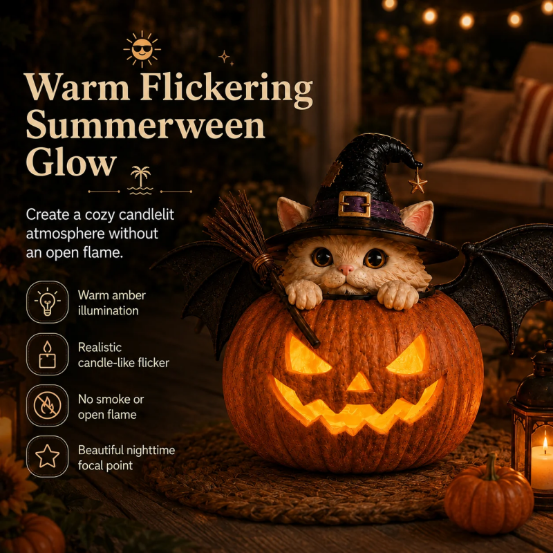 Summer ween Lighted Witch Cat Pumpkin Decor With Flickering LED Timer