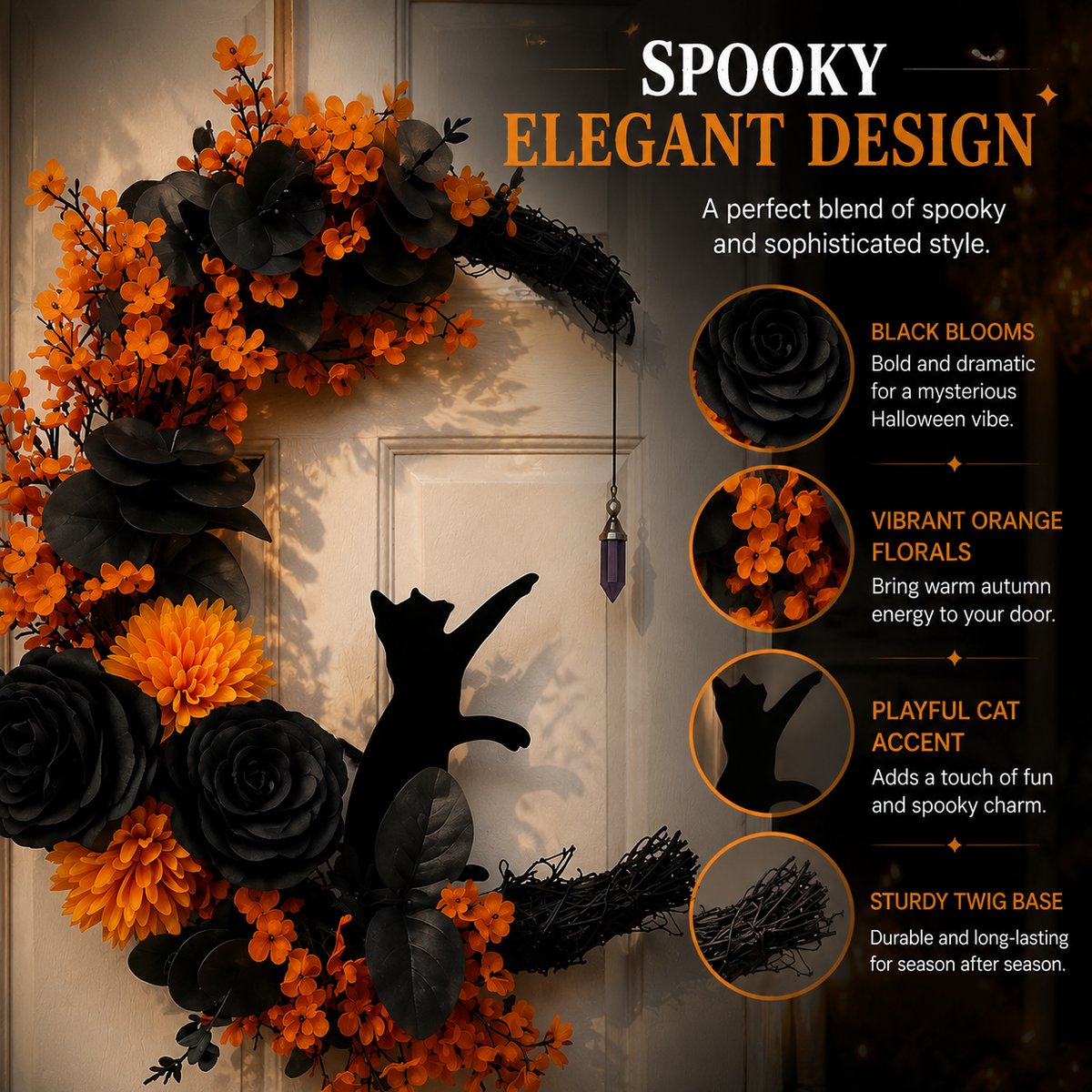 Gothic Cat Halloween Wreath | Floral Door Decor