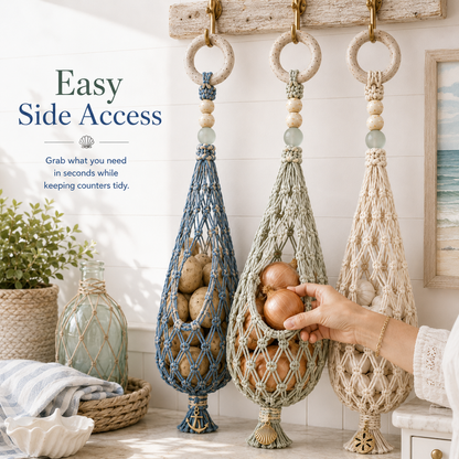 🌊🥔 Coastal Hanging Produce Storage – Handwoven Breathable Organizer with Easy Side Access