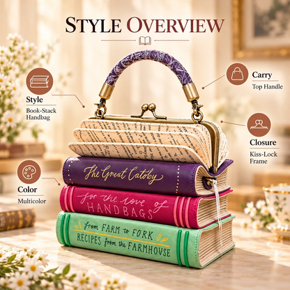 🔥Book Stack Handbag – Vintage-Inspired Book-Shaped Top Handle Purse, Unique Gift for Book Lovers