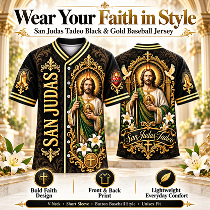✝️ San Judas Tadeo Black & Gold Baseball Jersey – Faith Meets Style ✨