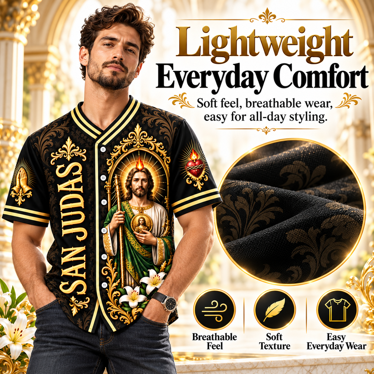 ✝️ San Judas Tadeo Black & Gold Baseball Jersey – Faith Meets Style ✨
