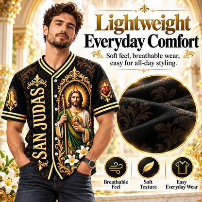 ✝️ San Judas Tadeo Black & Gold Baseball Jersey – Faith Meets Style ✨