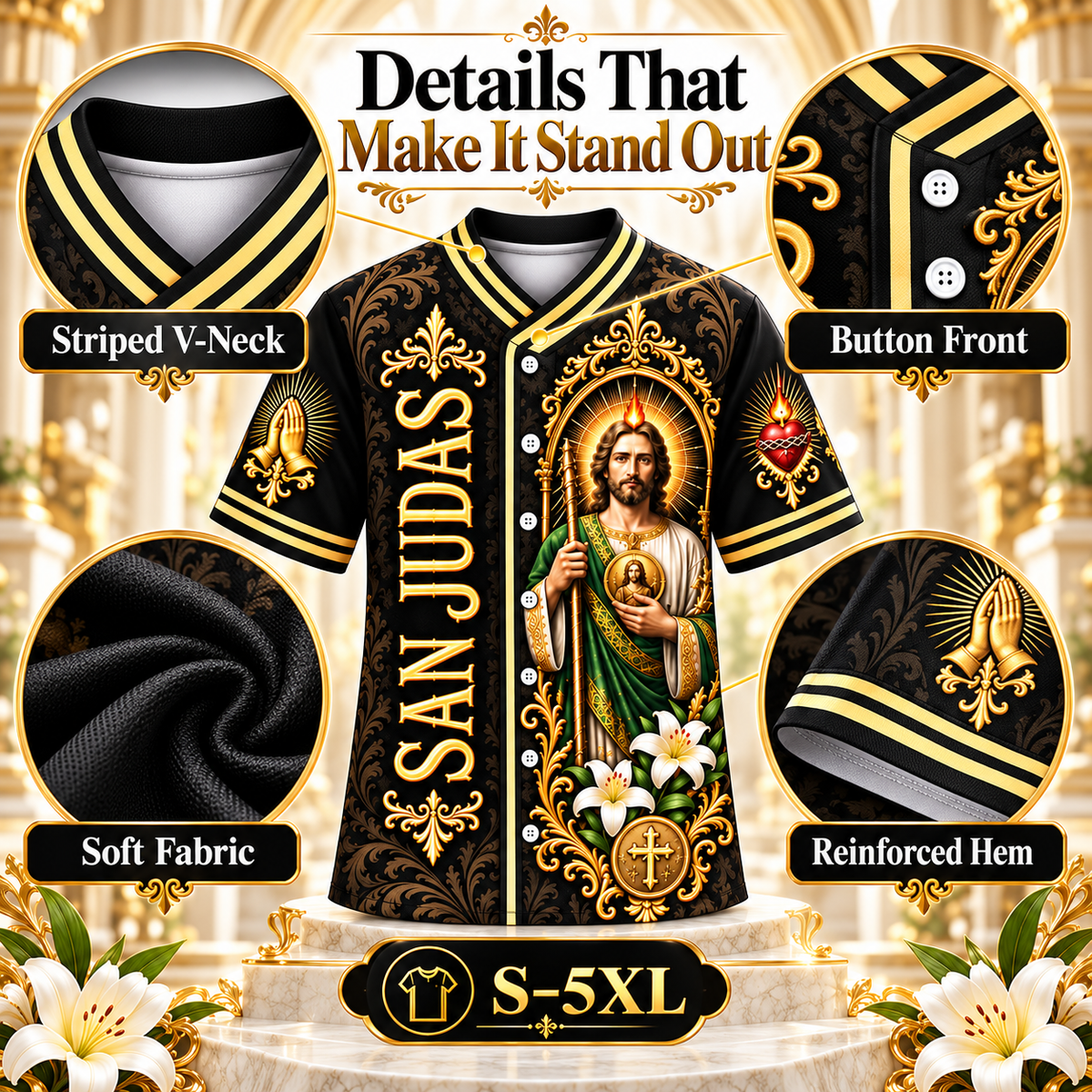✝️ San Judas Tadeo Black & Gold Baseball Jersey – Faith Meets Style ✨