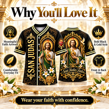 ✝️ San Judas Tadeo Black & Gold Baseball Jersey – Faith Meets Style ✨