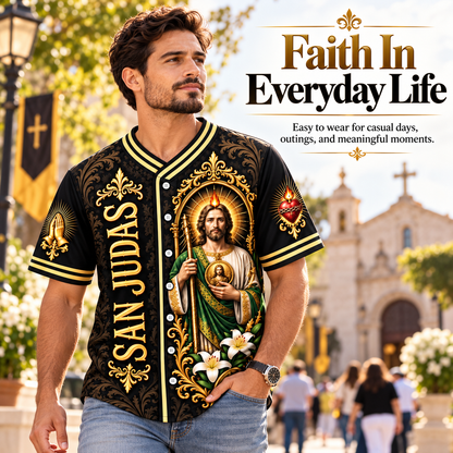 ✝️ San Judas Tadeo Black & Gold Baseball Jersey – Faith Meets Style ✨