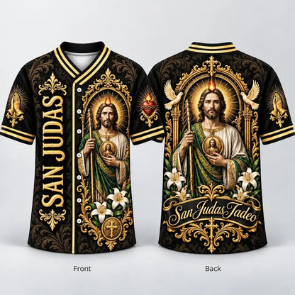 ✝️ San Judas Tadeo Black & Gold Baseball Jersey – Faith Meets Style ✨