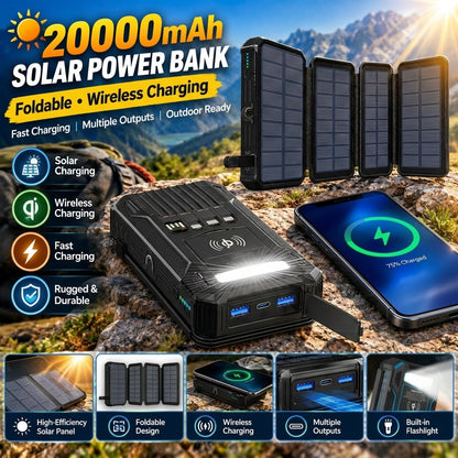 🔋 Half-Price Deal! ☀️ 20,000mAh Solar Power Bank - Features Wireless Charging And LED Flashlight