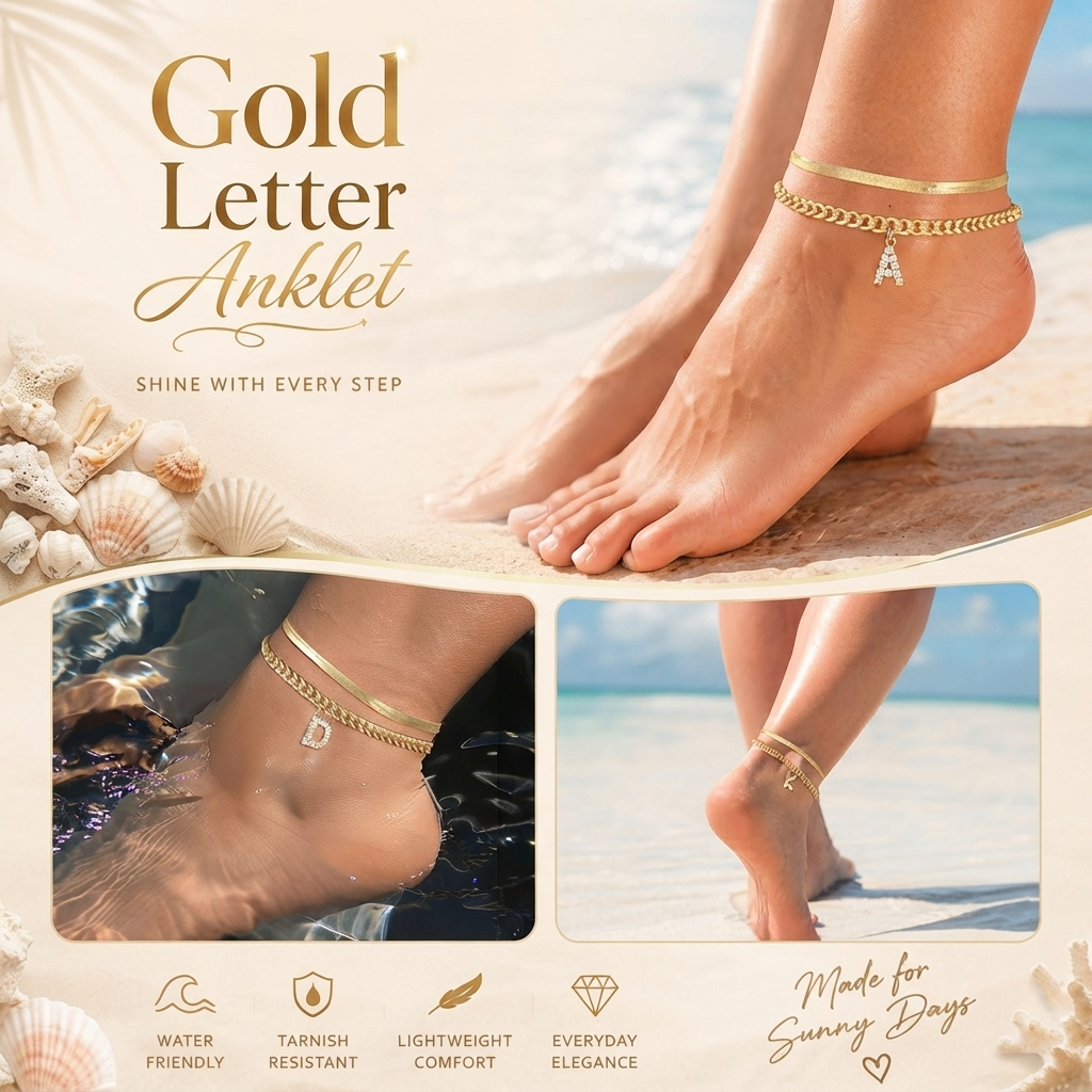 ✨ Gold Initial Anklet – ✨14K Gold Plated, Waterproof Adjustable Letter Pendant, Stackable Beach Jewelry