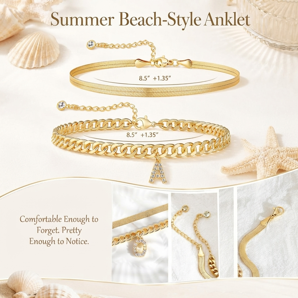 ✨ Gold Initial Anklet – ✨14K Gold Plated, Waterproof Adjustable Letter Pendant, Stackable Beach Jewelry
