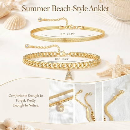 ✨ Gold Initial Anklet – ✨14K Gold Plated, Waterproof Adjustable Letter Pendant, Stackable Beach Jewelry