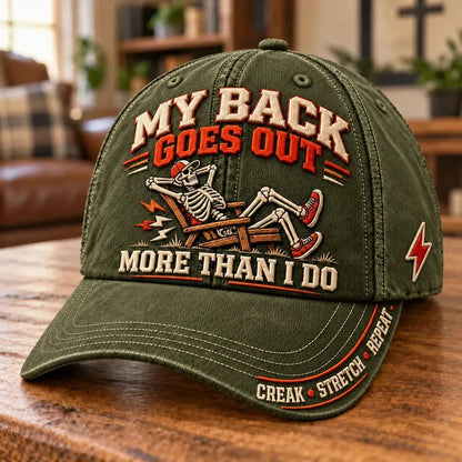 ⏳ Last Day 49% OFF – 💀 “My Back Goes Out More Than I Do” Vintage Baseball Cap | Cotton-Poly Blend • Detailed Embroidery • Adjustable Fit