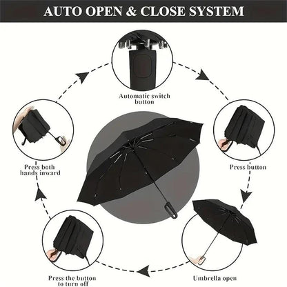 ☔50% OFF NOW! Automatic Folding Umbrella – Windproof Waterproof Compact Travel Umbrella with C-Shaped Hands-Free Hook Handle for Rain & Sun