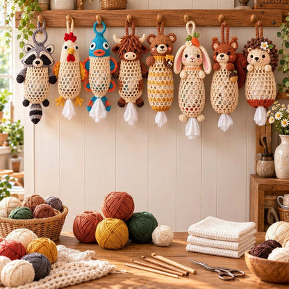 🧶 Cottage Harvest Keepers™ – Crochet Animal Bag Holder DIY Kit
