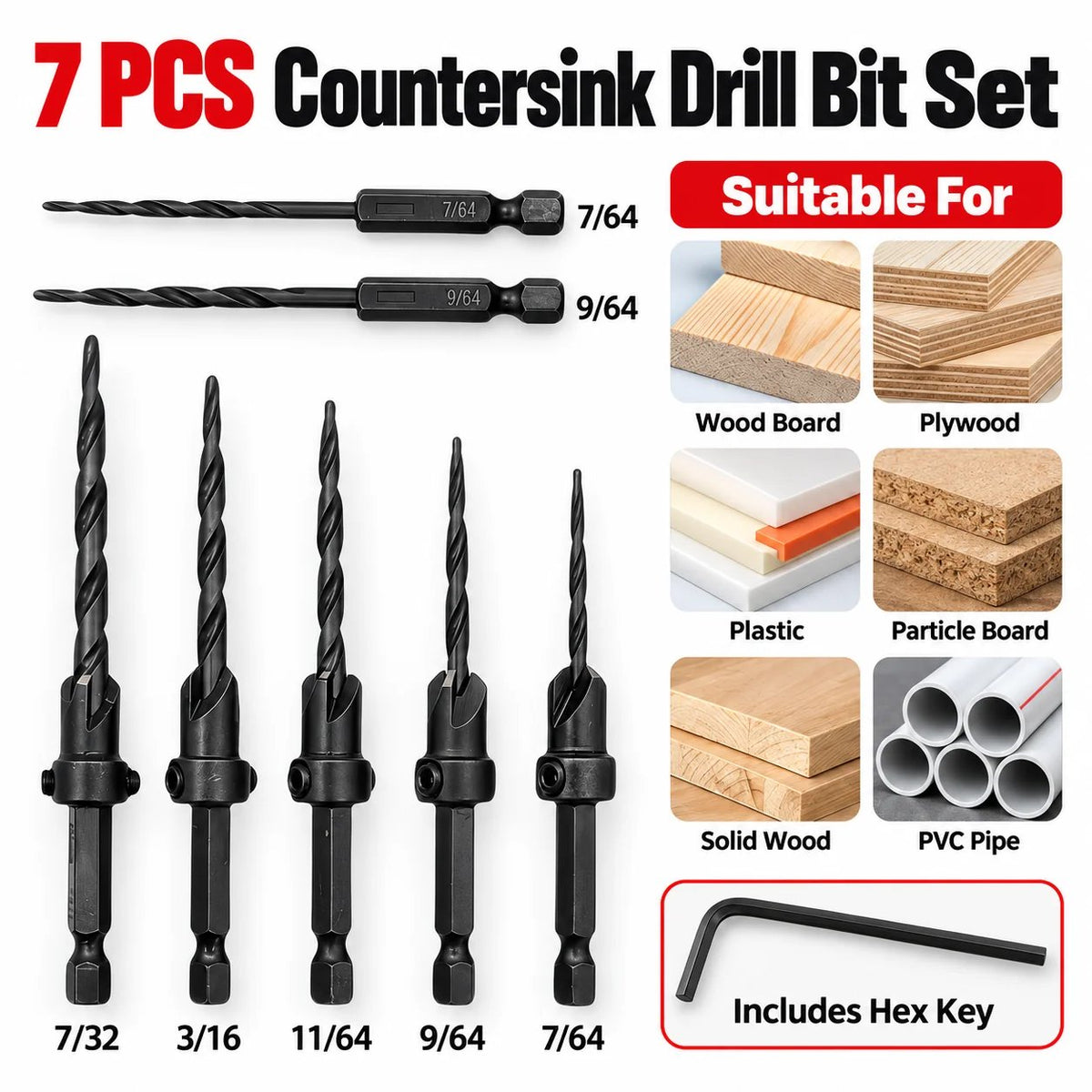 🌟✨ 15-Piece Countersink Drill Bit Set – 1/4' Hex Shank, Depth Stop & Quick-Change Design
