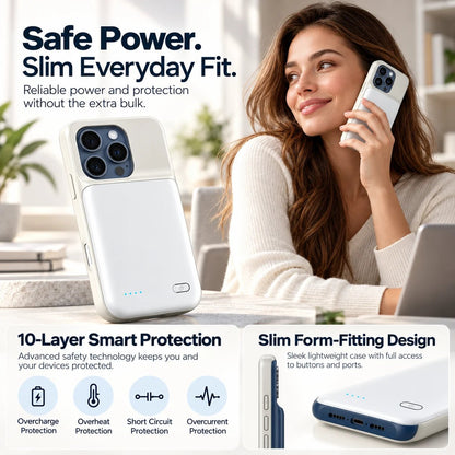 ⚡ Slim Fit iPhone Battery Case | 10-Layer Safety Protection Portable Charging Cover