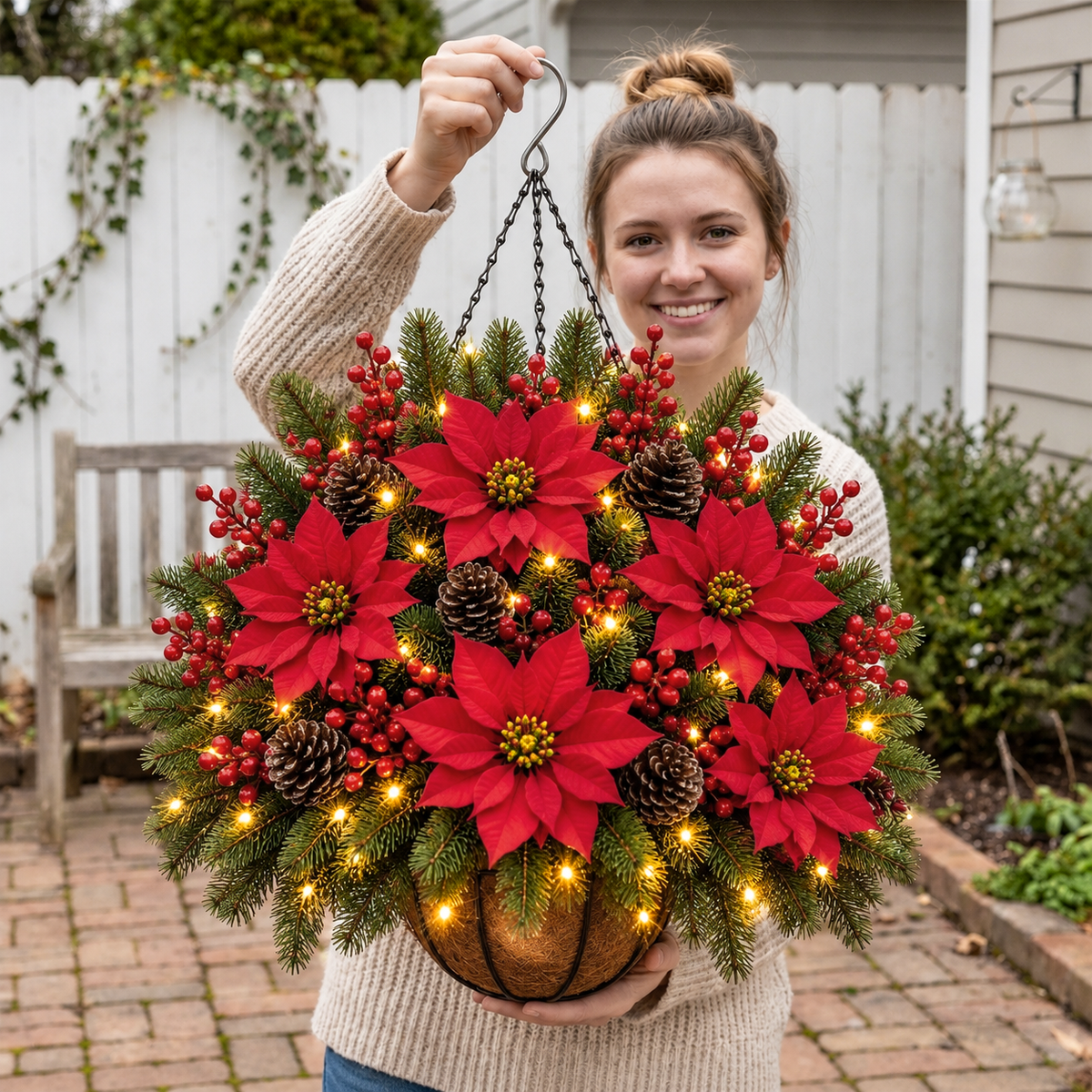 🎄Pre-Lit Artificial Christmas Decorative Basket: Festive Holiday Decor & Evergreen Style