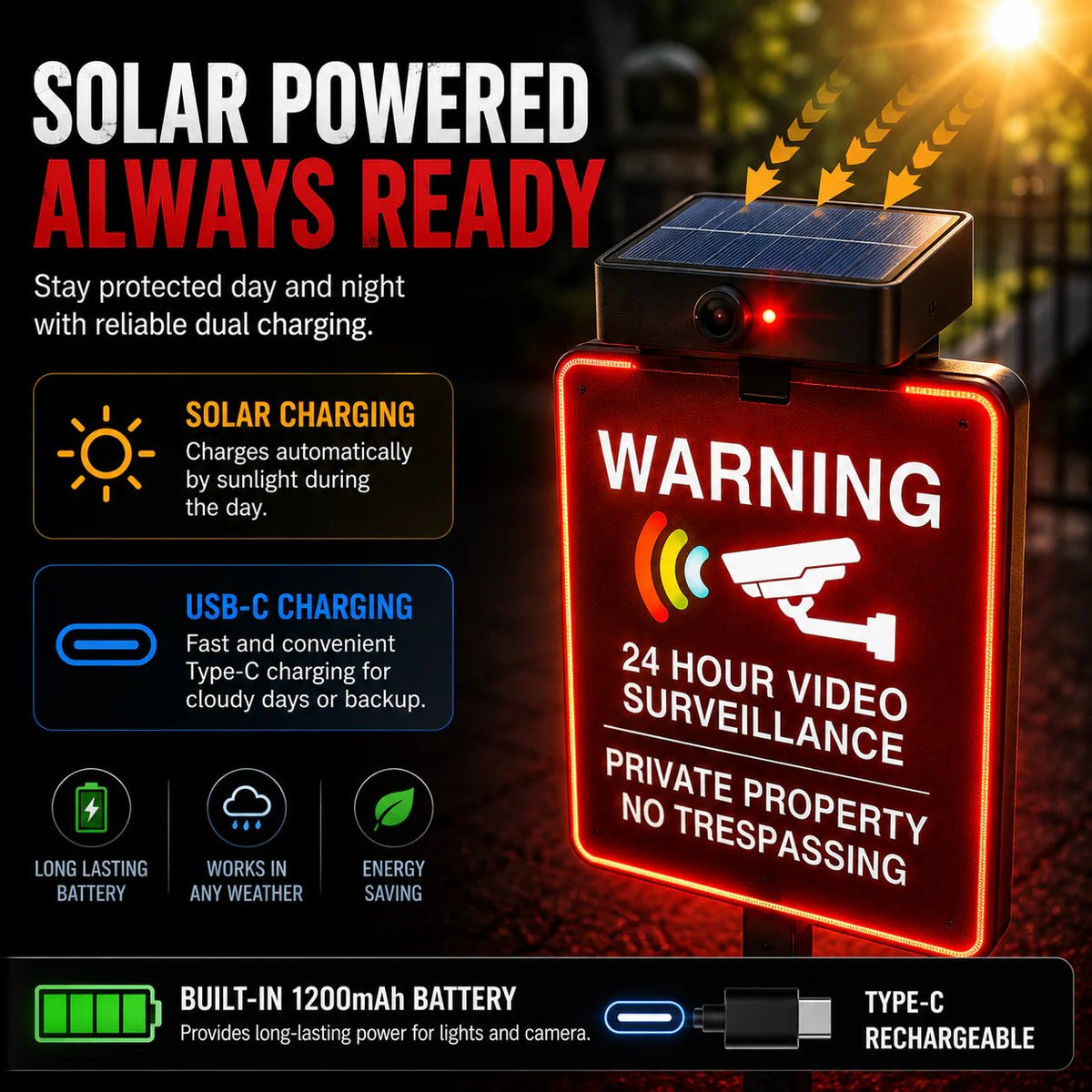 🔥 LAST DAY 40% OFF | Solar LED No Trespassing Security Sign – Rechargeable Outdoor Warning Sign with Stake