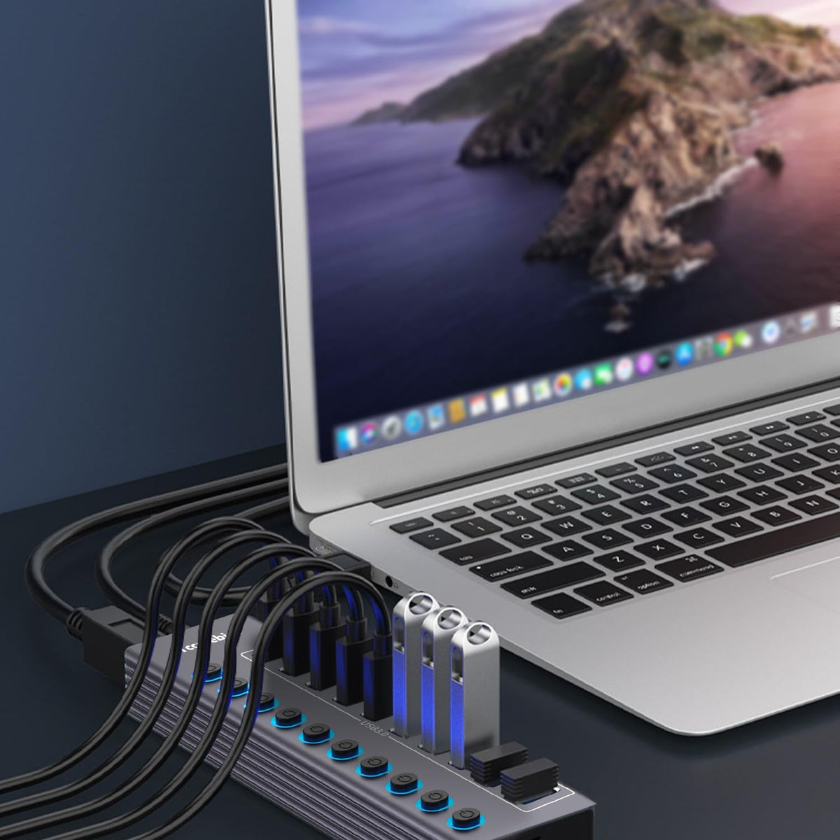Powered 10-Port USB 3.0 Hub, USB C to 10 Ports USB Data Hub Splitter with Individual LED On/Off Switche, 3.3FT Cable, 12V/3A Power Adapter