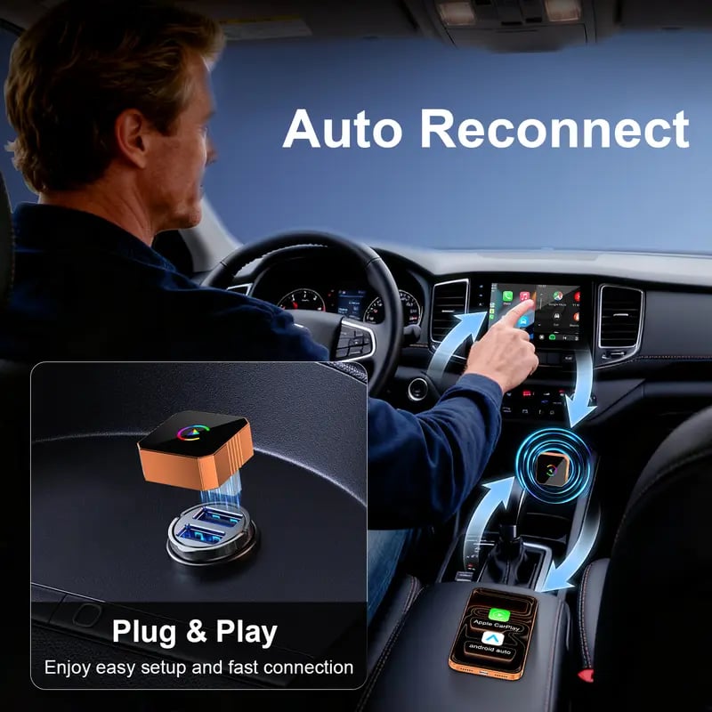 New CarPlay 2026 Wireless Adapter for iPhone/Android Apple 17 Orange Fast Connect No Delay Hands-Free Calling Electronic Charger CarPlay Adapter