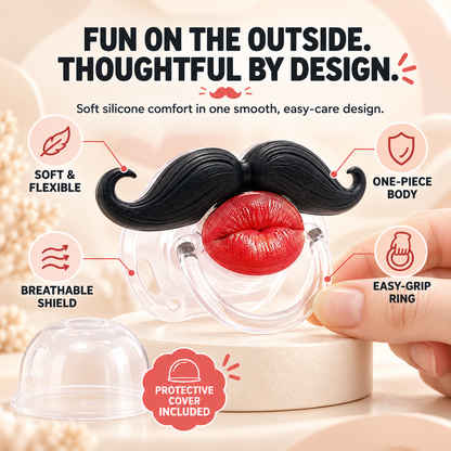 👄 Funny Red Lips Mustache Baby Pacifier – One-Piece Silicone Design with Dust Cover