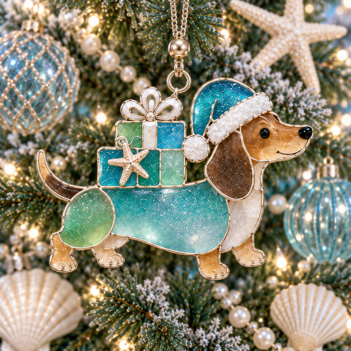 ⏰Coastal Christmas Dachshund Ornament Set – ✨6-Piece Stained Glass-Inspired Sea Glass Dog Christmas Tree Decorations, Gift for Dachshund Lovers