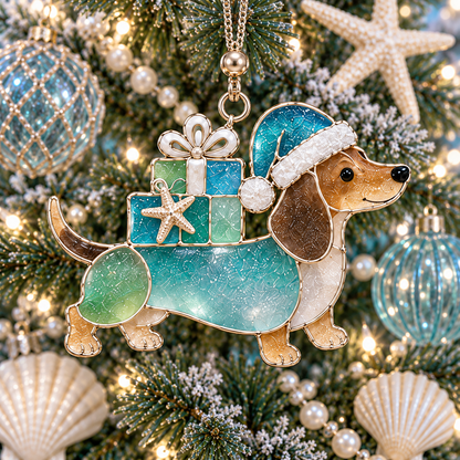 ⏰Coastal Christmas Dachshund Ornament Set – ✨6-Piece Stained Glass-Inspired Sea Glass Dog Christmas Tree Decorations, Gift for Dachshund Lovers