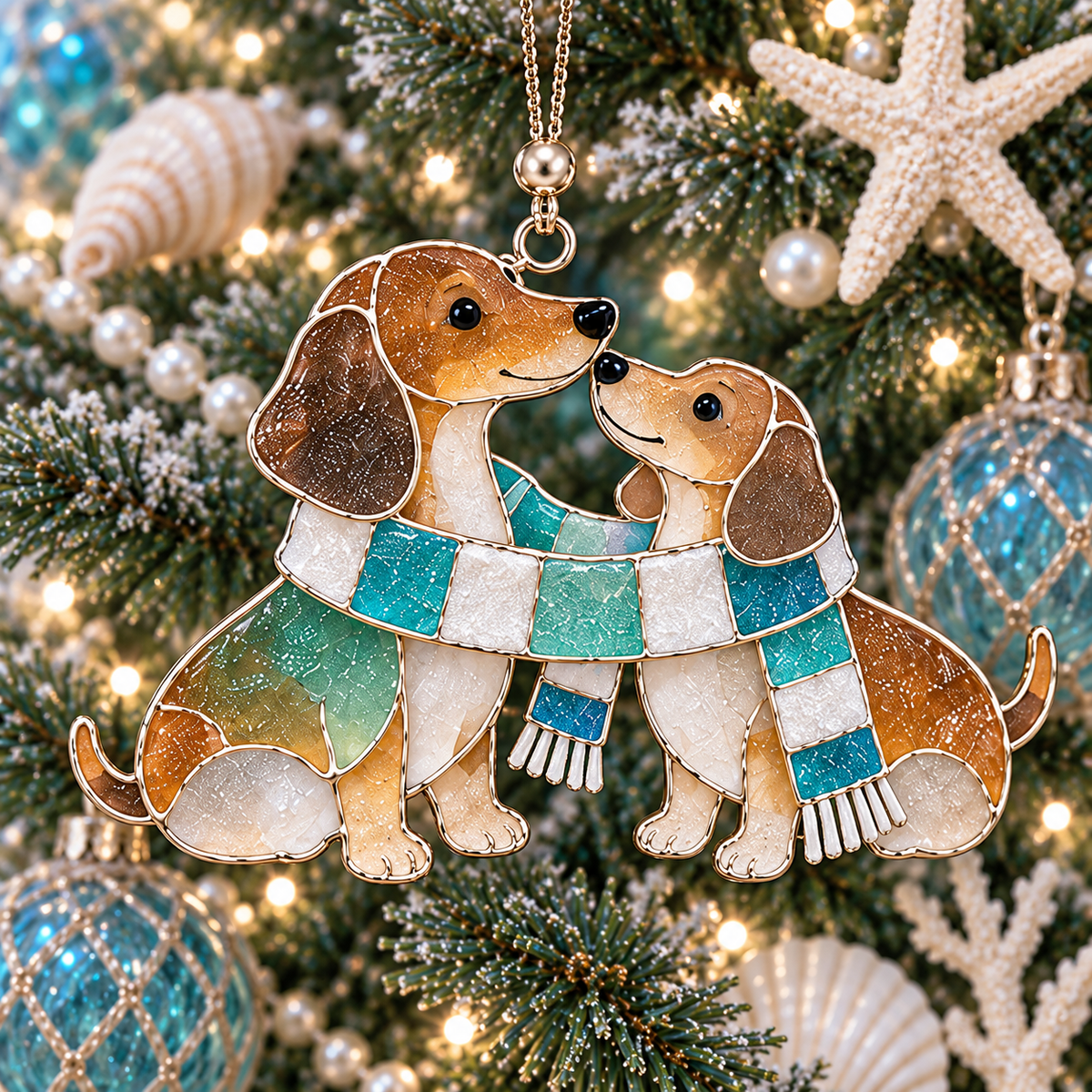 ⏰Coastal Christmas Dachshund Ornament Set – ✨6-Piece Stained Glass-Inspired Sea Glass Dog Christmas Tree Decorations, Gift for Dachshund Lovers