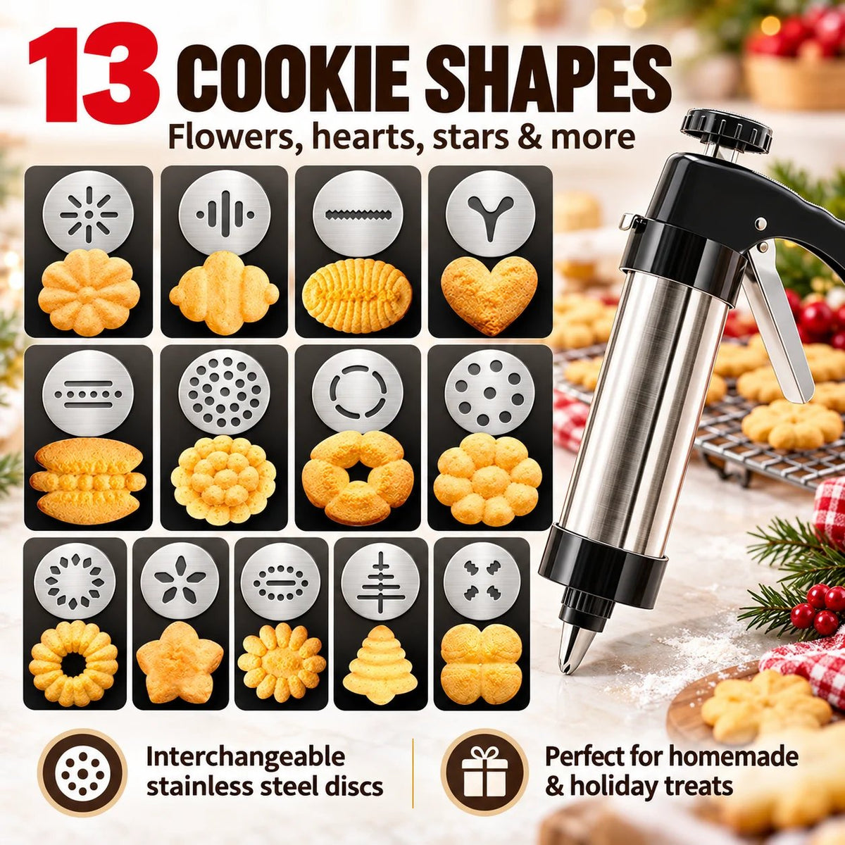 🍪 Stainless Steel Cookie Press & Decorating Kit | 13 Cookie Discs + 8 Icing Tips for Cookies, Cupcakes & Cakes 🧁