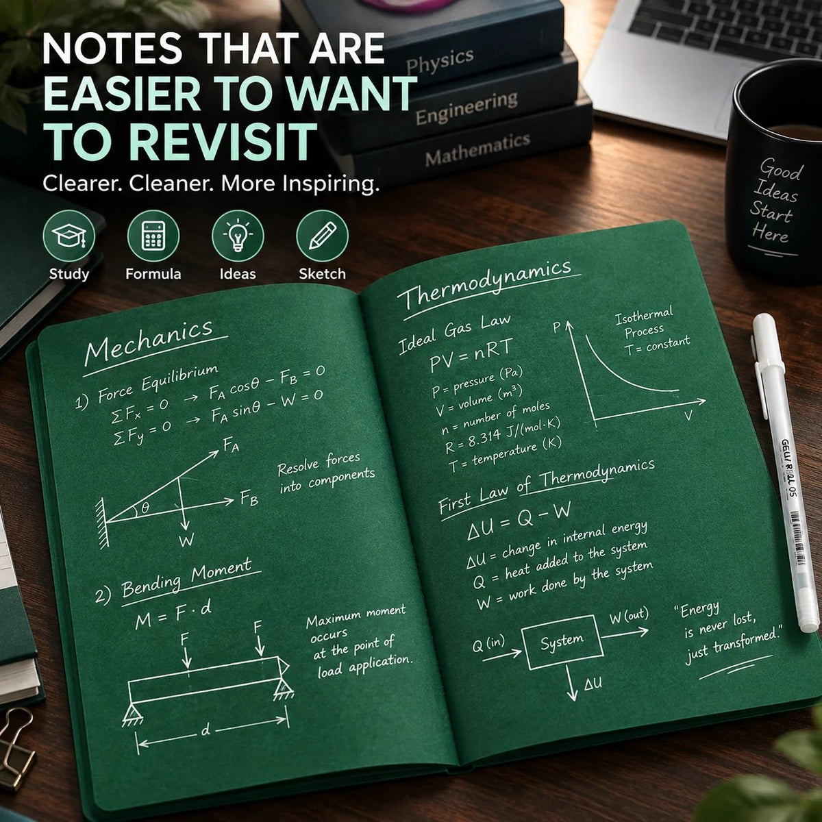 📖Deep Green Blank Notebook with White Gel Pen | Aesthetic Writing & Sketch Journal