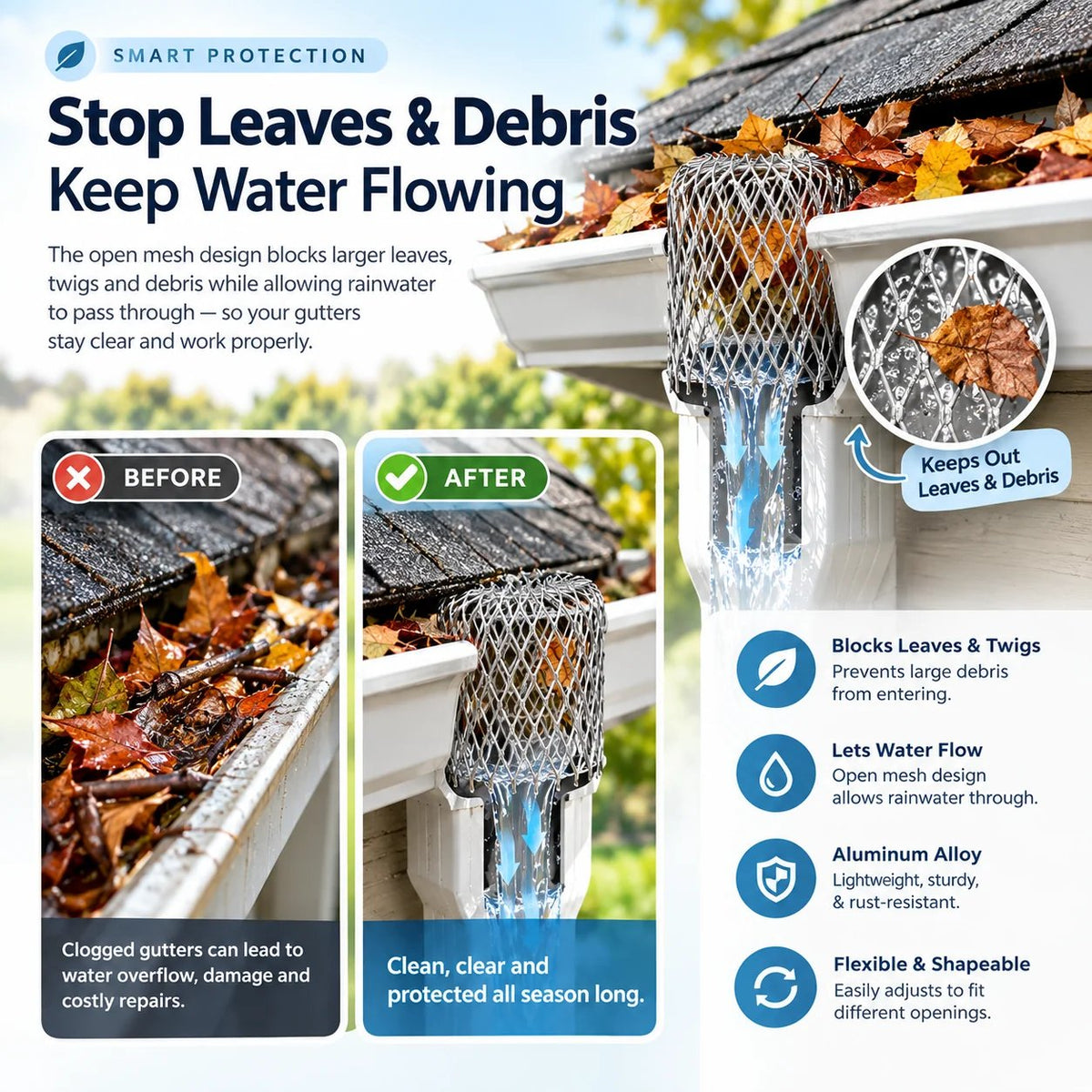 🍂Flexible Aluminum Gutter Leaf Guard – Keep Leaves Out, Let Water Flow🛡️
