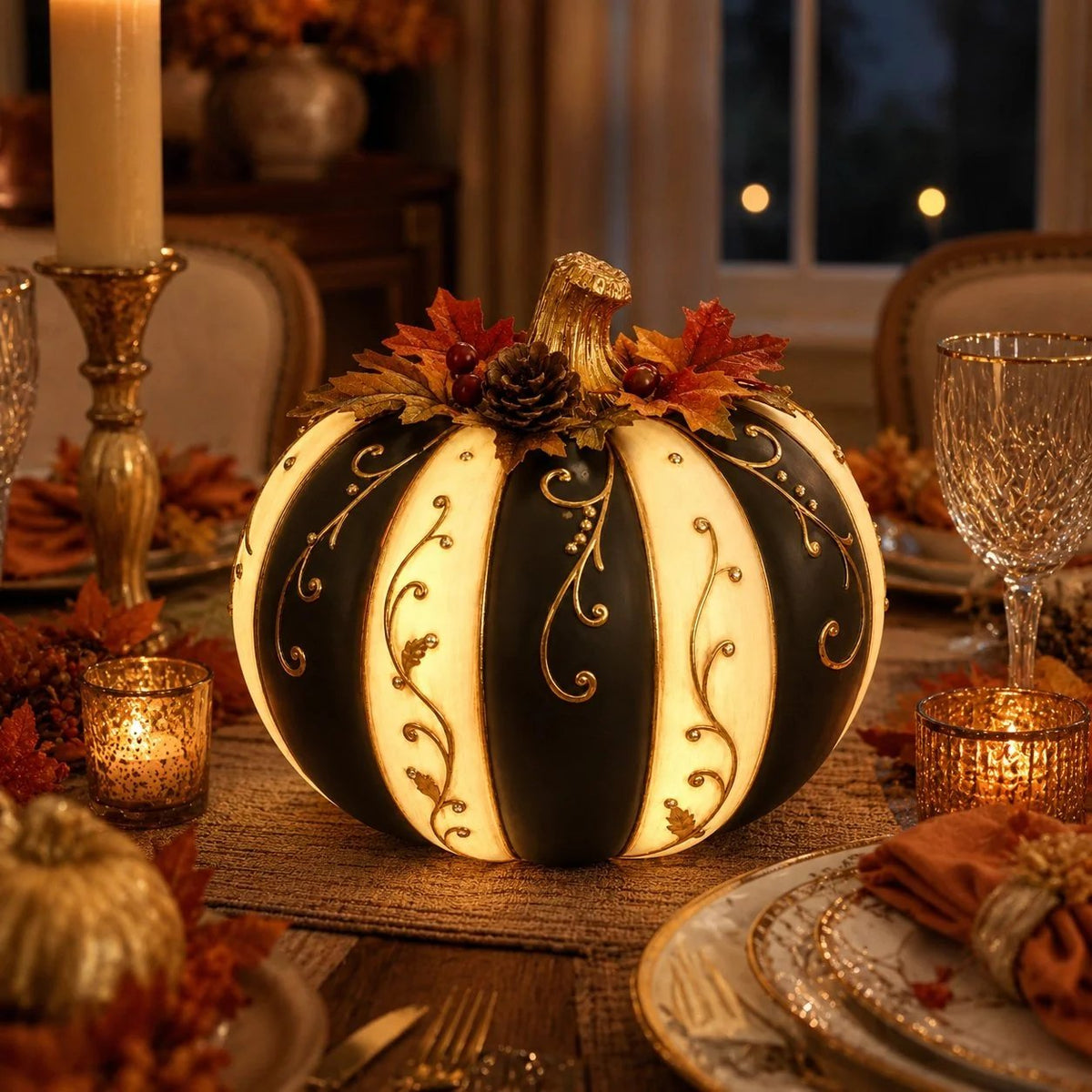 🎉Lighted Black & Ivory Pumpkin Decor with Remote