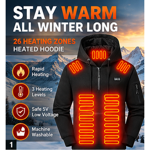 🔥 Men's 26-Zone Heated Hoodie – USB Powered Half-Zip Winter Pullover