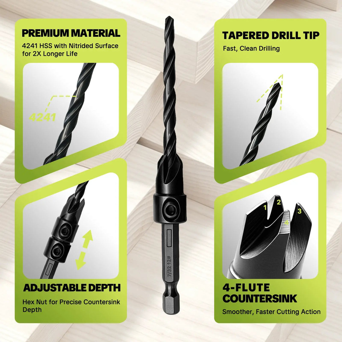 🌟✨ 15-Piece Countersink Drill Bit Set – 1/4' Hex Shank, Depth Stop & Quick-Change Design