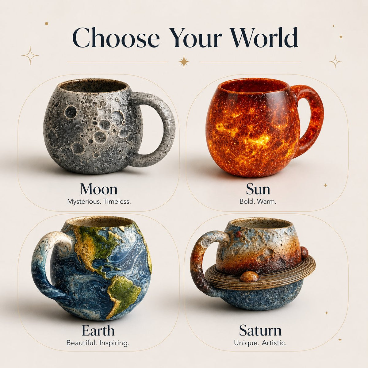 🪐3D Celestial Planet Mug – Moon, Sun, Earth & Saturn Collection