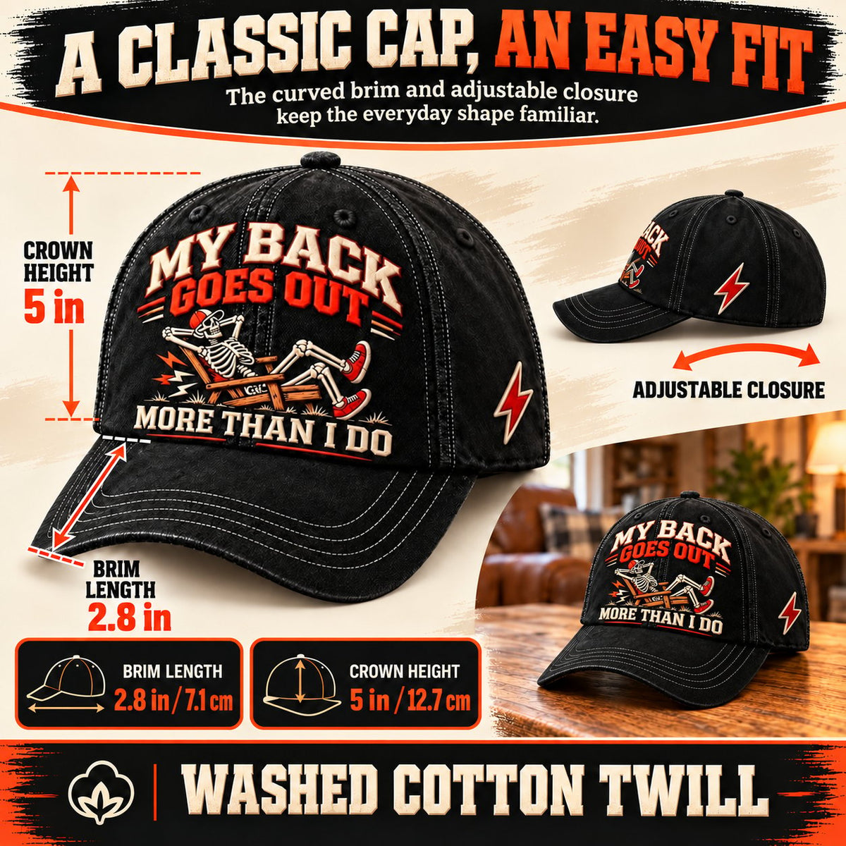 ⏳ Last Day 49% OFF – 💀 “My Back Goes Out More Than I Do” Vintage Baseball Cap | Cotton-Poly Blend • Detailed Embroidery • Adjustable Fit
