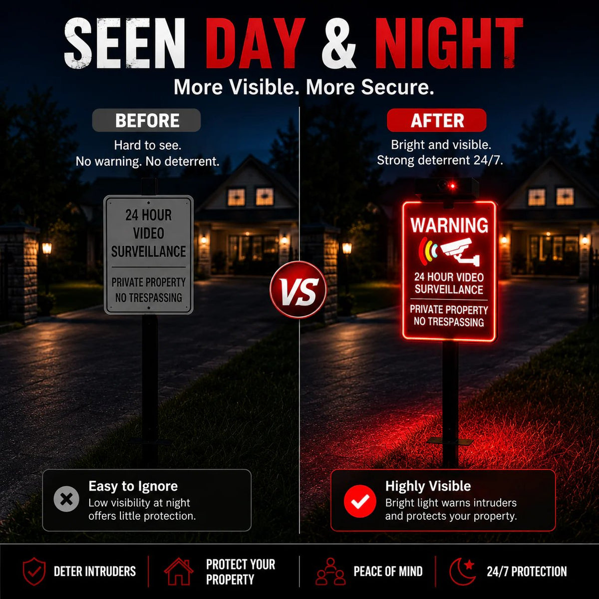 🔥 LAST DAY 30% OFF | Solar LED No Trespassing Security Sign – Rechargeable Outdoor Warning Sign with Stake