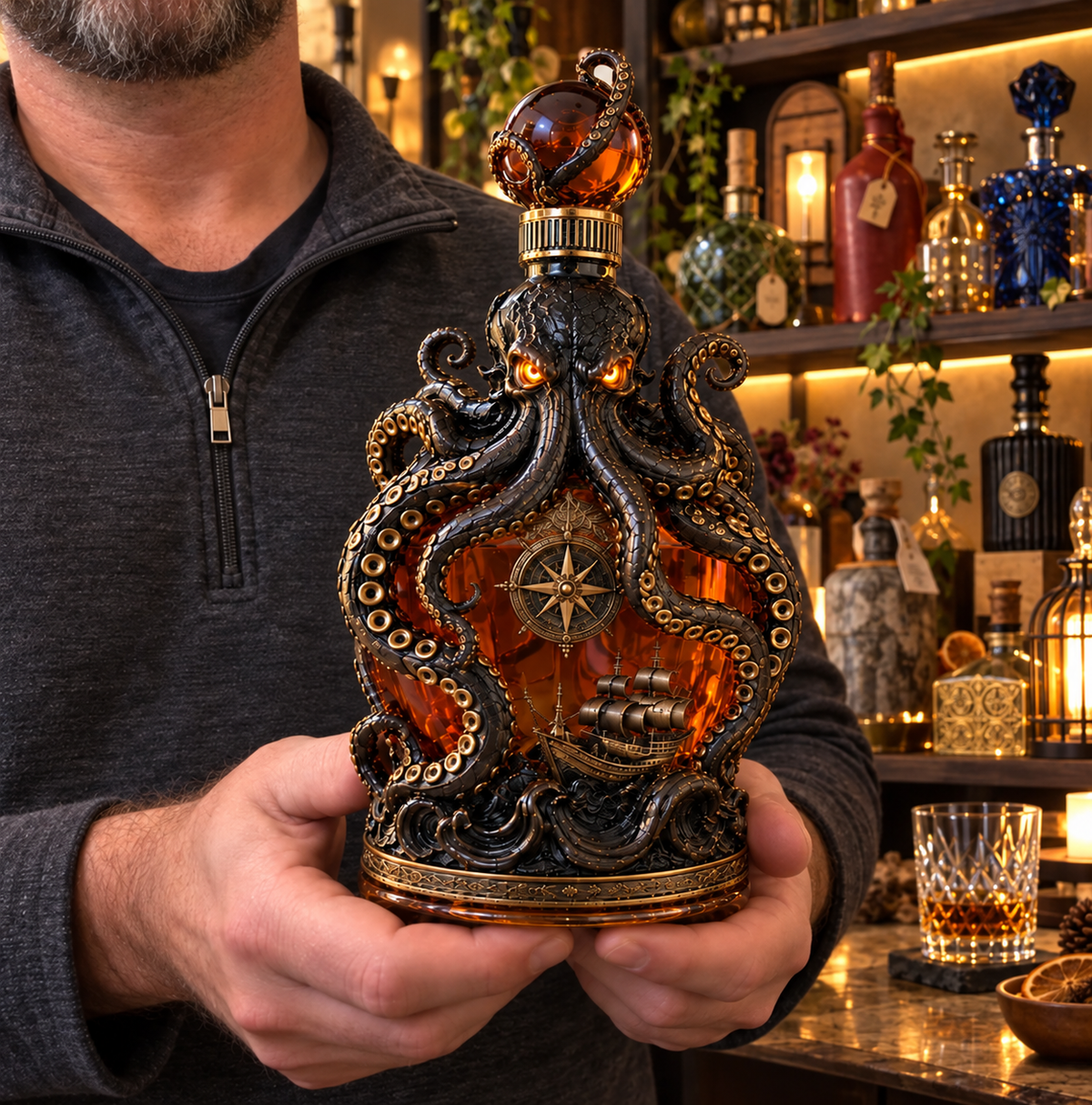 🐙Kraken Voyage Octopus Whiskey Decanter | Gothic Nautical Bar Centerpiece